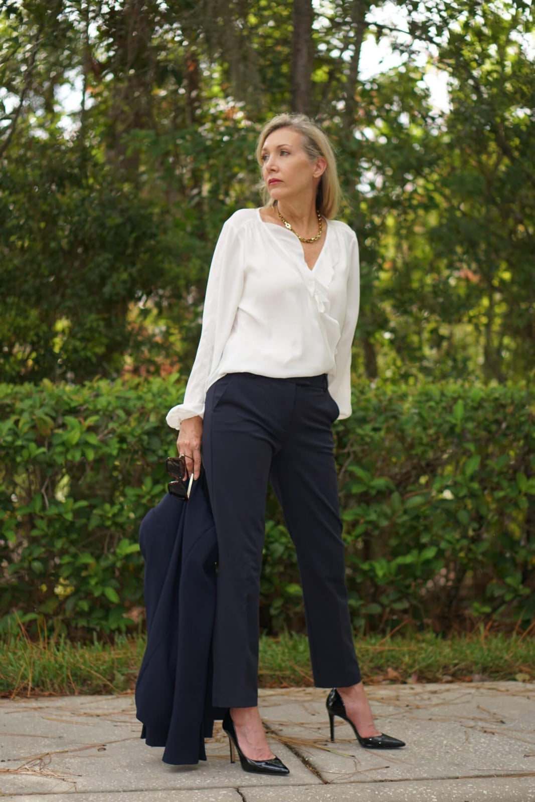 White Blouse Navy Trousers and Blazer — Classy Restaurant Outfit