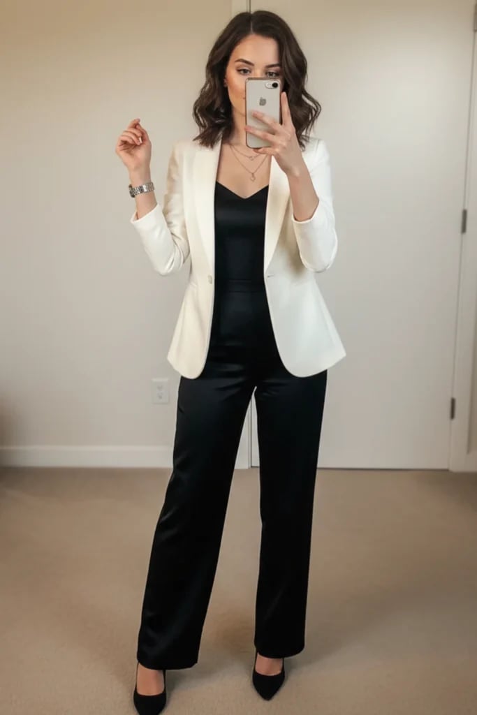White Blazer Black Satin Jumpsuit Ensemble — Classy Restaurant Outfit