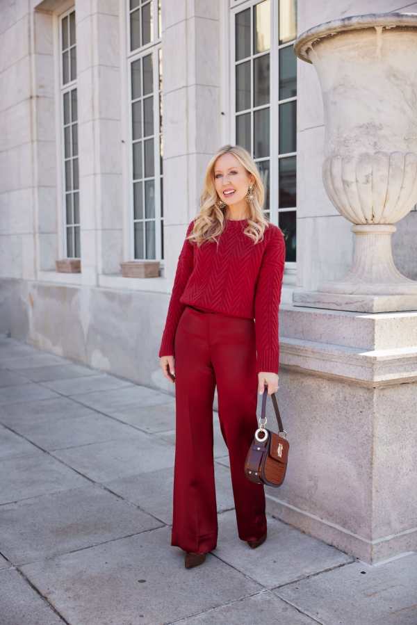 Red Knit Sweater and Wide-Leg Satin Trousers — Classy Restaurant Outfit