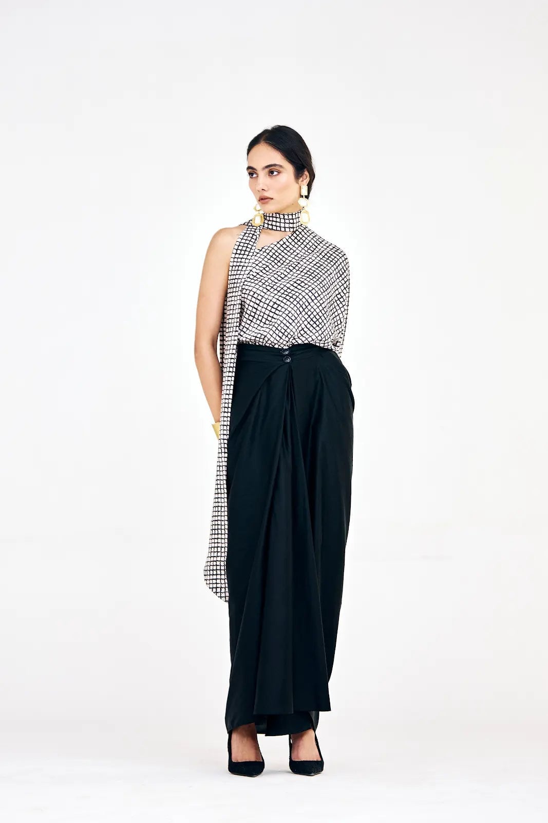 Asymmetrical Patterned Top and Black Trousers — Classy Restaurant Outfit