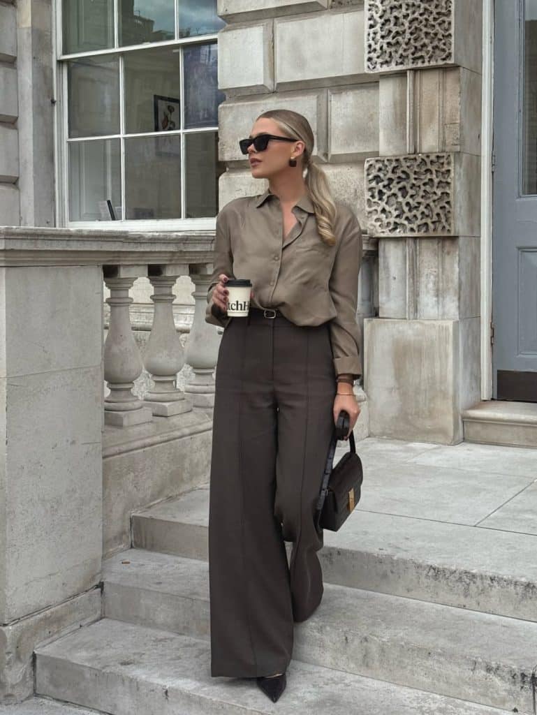 Taupe Silk-Like Blouse and Wide-Leg Trousers Ensemble — Classy Restaurant Outfit
