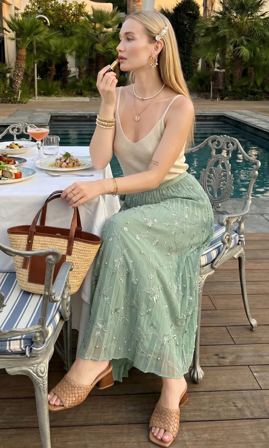 Beige Knit Camisole Mint Green Skirt Outfit — Classy Restaurant Outfit