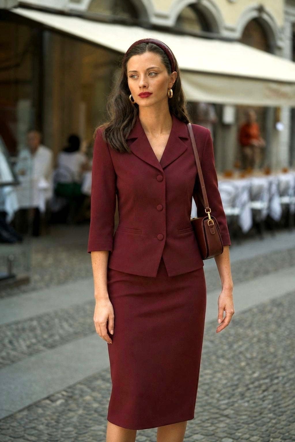 Burgundy Blazer and Pencil Skirt Suit — Classy Restaurant Outfit
