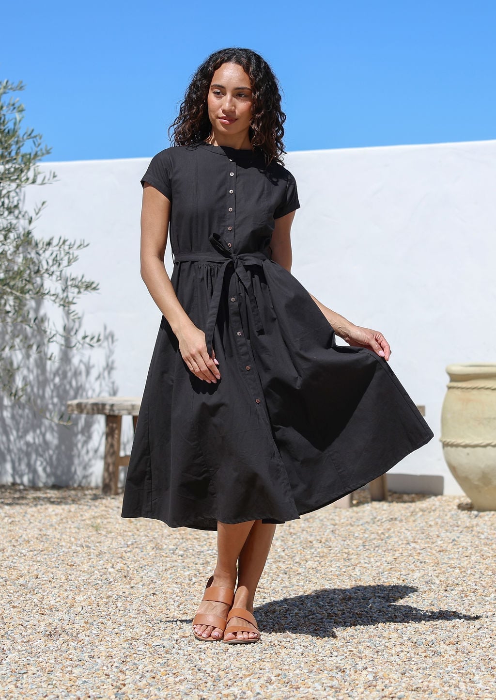 Button-Through Black Cotton Midi Dress Button-Through Black Cotton Midi Dress — Classy Retro Outfits