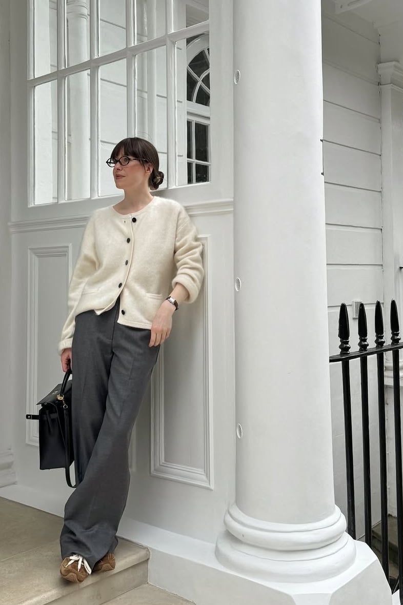 Knit Cardigan Over Dark Top with Wide Trousers Knit Cardigan Over Dark Top with Wide Trousers — Classy Retro Outfits
