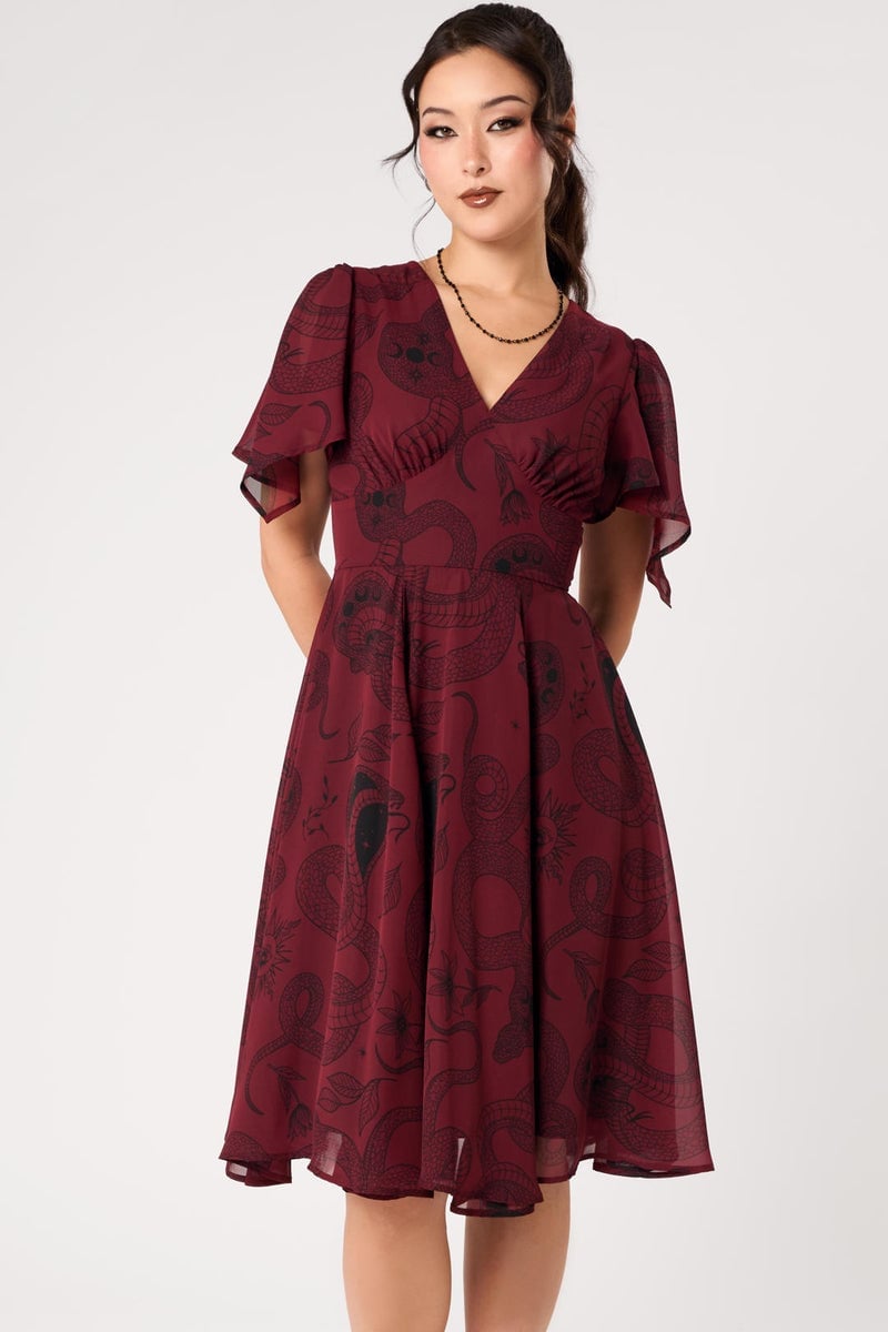 Burgundy Snake Print Midi Dress Burgundy Snake Print Midi Dress — Classy Retro Outfits