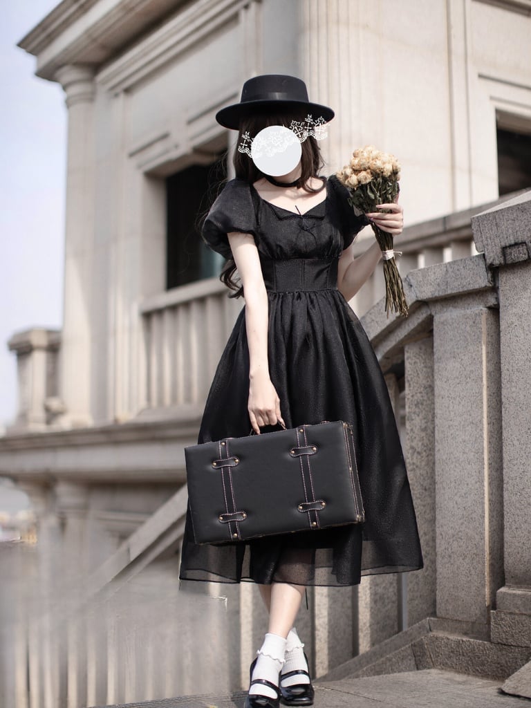 Black Puff-Sleeve Dress with Corset Waist Black Puff-Sleeve Dress with Corset Waist — Classy Retro Outfits
