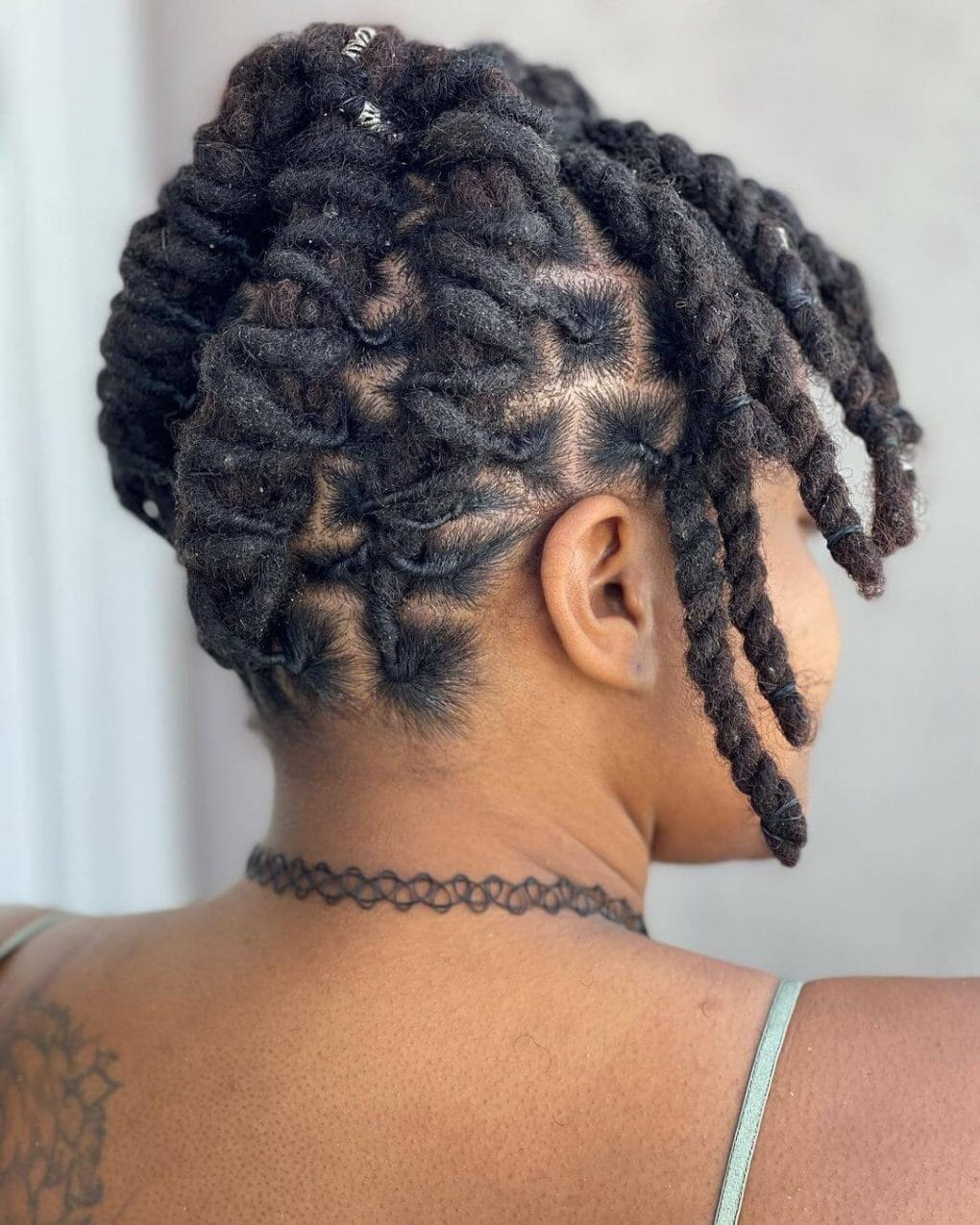 Shoulder Length Updo With Diamond Geometric Parting Shoulder Length Updo With Diamond Geometric Parting — Classy Retwist Locs