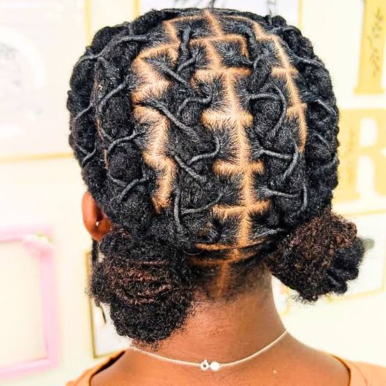 Shoulder Length Updo With Intricate Pattern Shoulder Length Updo With Intricate Pattern — Classy Retwist Locs