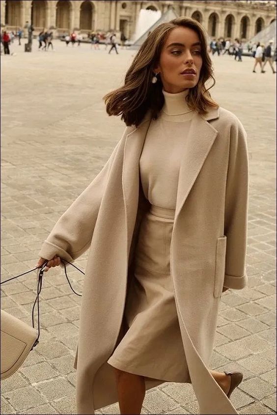 Oversized Beige Coat Over Turtleneck and Skirt for Chic Casual Oversized Beige Coat Over Turtleneck and Skirt for Chic Casual — Classy Rich Outfits