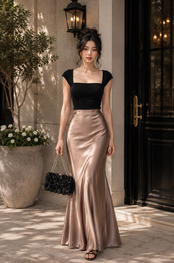 Fitted Black Top with Champagne Satin Maxi Skirt for Evening Fitted Black Top with Champagne Satin Maxi Skirt for Evening — Classy Rich Outfits