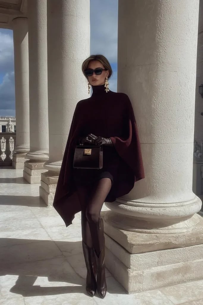 Burgundy Cape and Turtleneck for Autumn Winter Elegance Burgundy Cape and Turtleneck for Autumn Winter Elegance — Classy Rich Outfits