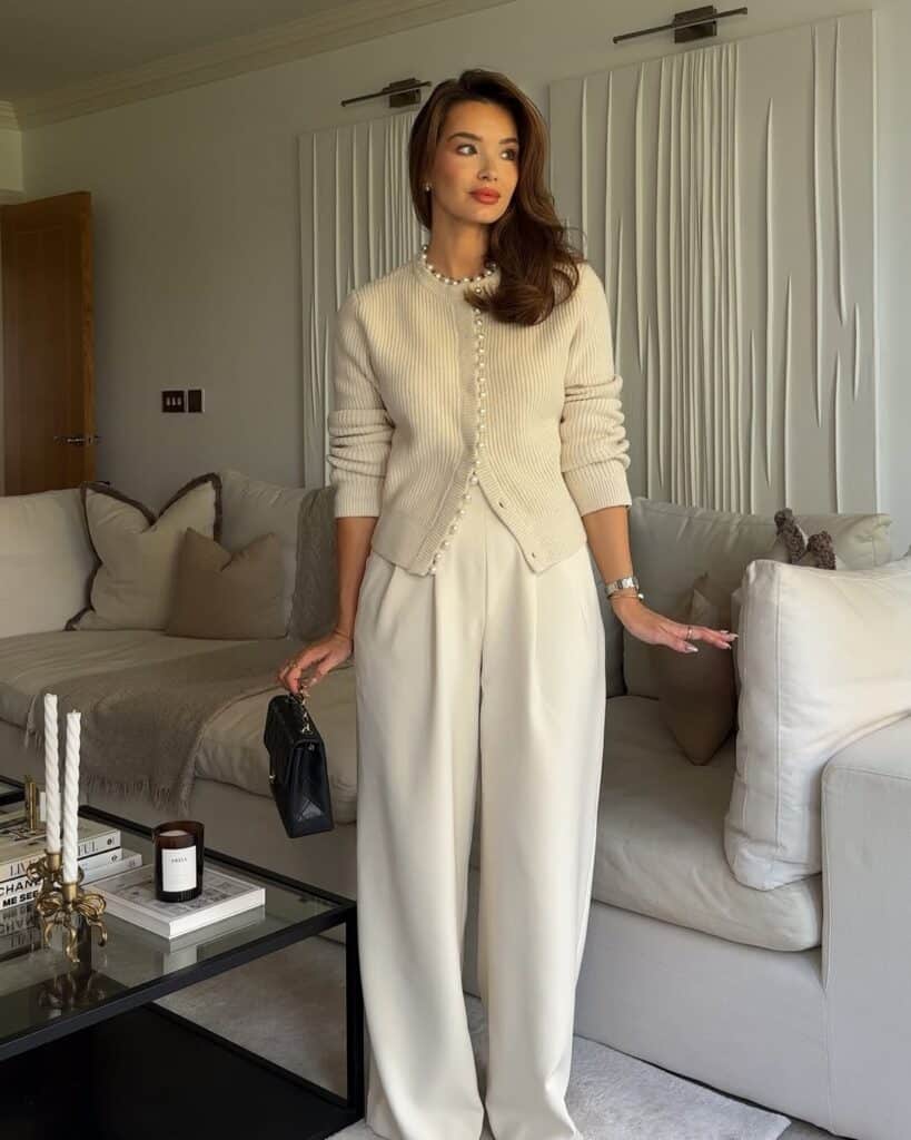Cream Knitwear and Wide Leg Trousers for Quiet Luxury Cream Knitwear and Wide Leg Trousers for Quiet Luxury — Classy Rich Outfits