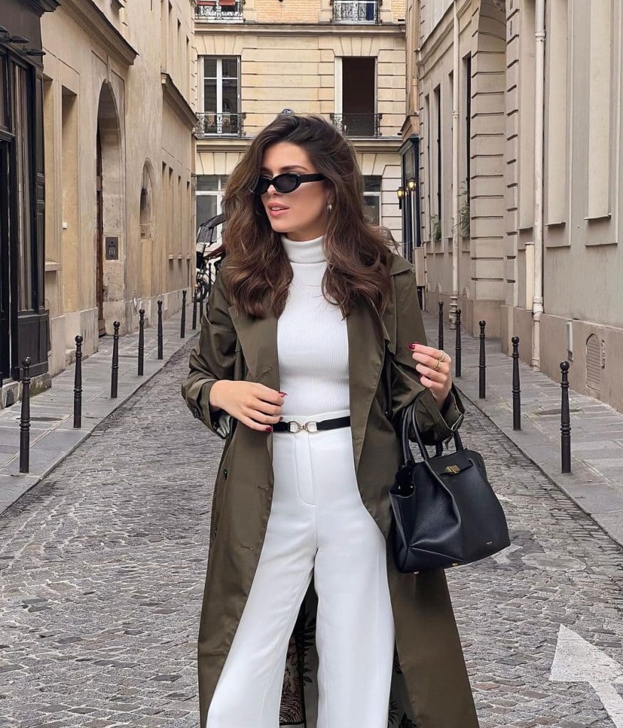 Olive Trench Coat Over Turtleneck and Trousers for Smart Casual Olive Trench Coat Over Turtleneck and Trousers for Smart Casual — Classy Rich Outfits