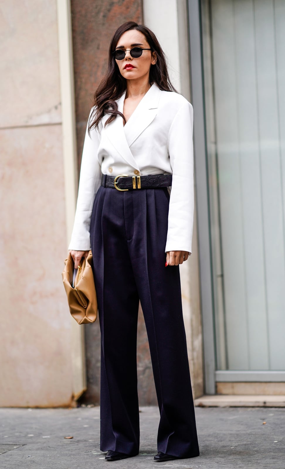 White Double Breasted Blazer with Navy Pleated Pants White Double Breasted Blazer with Navy Pleated Pants — Classy Rich Outfits