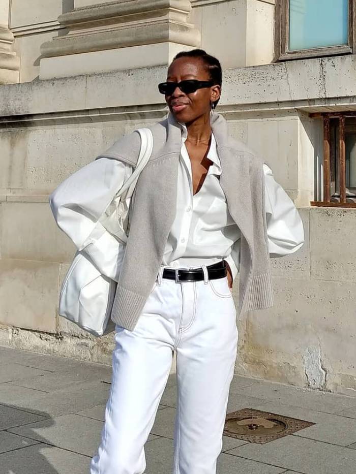 Monochromatic White Silk Shirt and Jeans with Draped Sweater Monochromatic White Silk Shirt and Jeans with Draped Sweater — Classy Rich Outfits