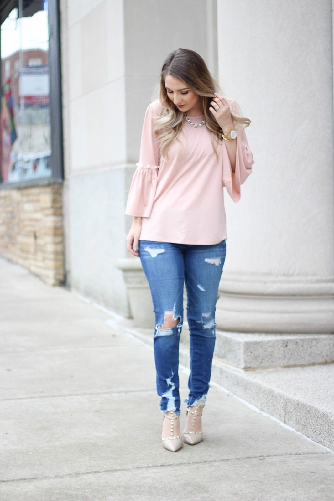 Bell Sleeve Top and Studded Heels with Distressed Skinny Jeans — Classy Ripped Jeans Outfits