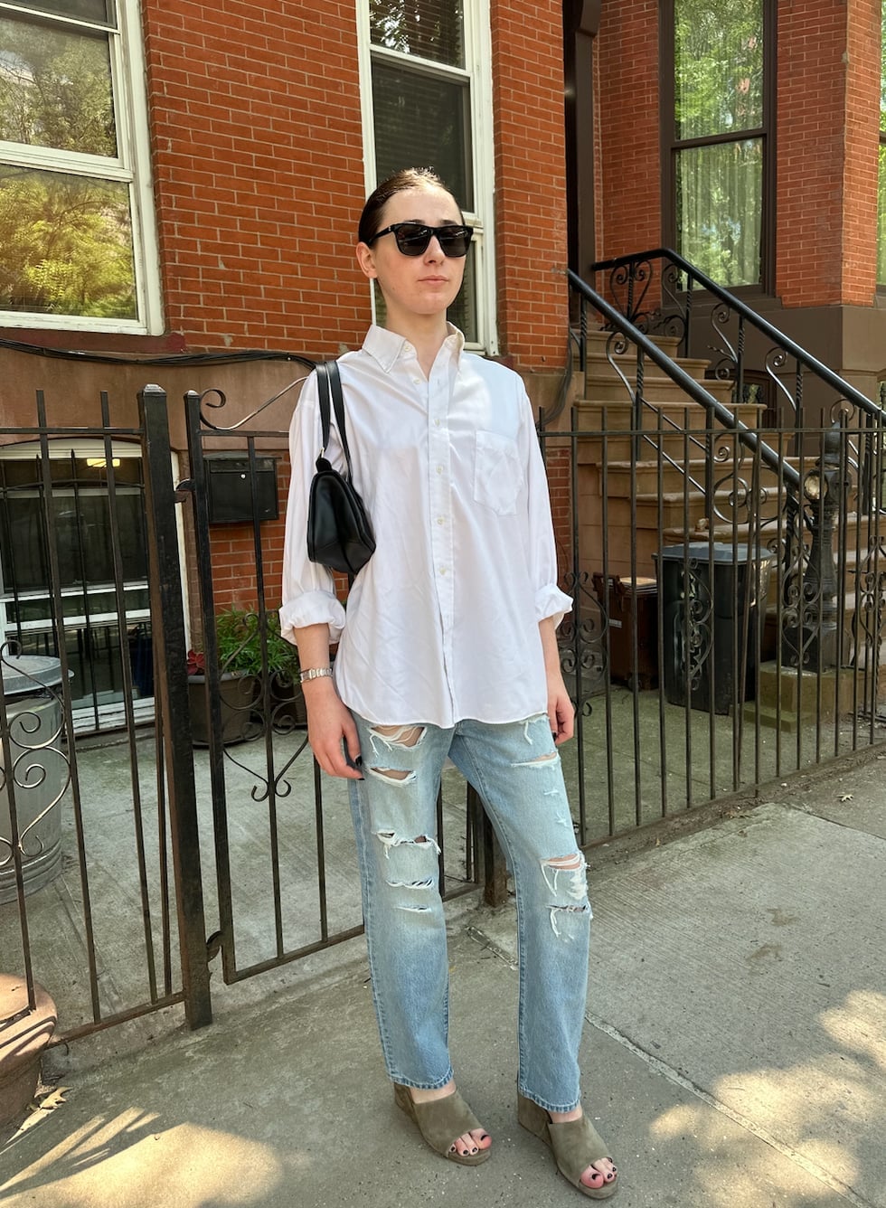 Oversized Button-Down Shirt and Grey Mules with Heavily Ripped Jeans — Classy Ripped Jeans Outfits