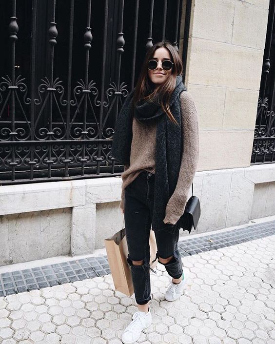 Oversized Knit Sweater and Scarf with Distressed Black Jeans — Classy Ripped Jeans Outfits