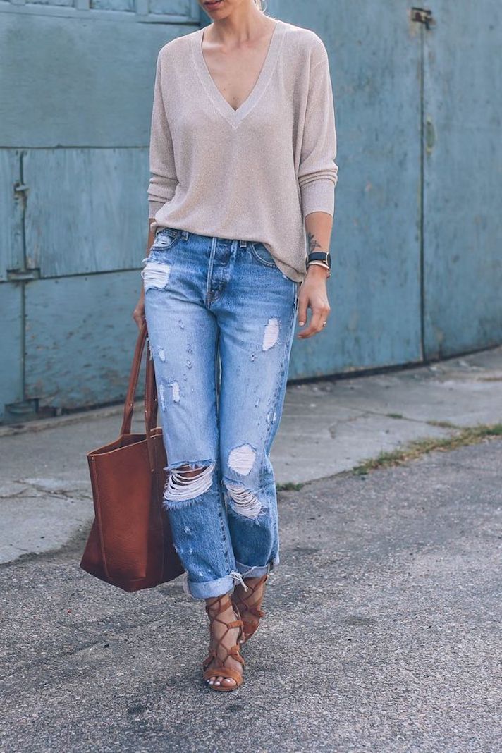 Cuffed Ripped Jeans and V-Neck Sweater with Lace-Up Sandals — Classy Ripped Jeans Outfits