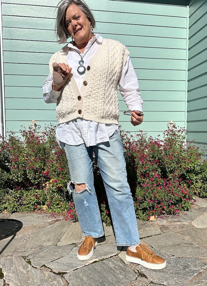 Cable Knit Vest and Gold Sneakers with Ripped Straight Leg Jeans — Classy Ripped Jeans Outfits