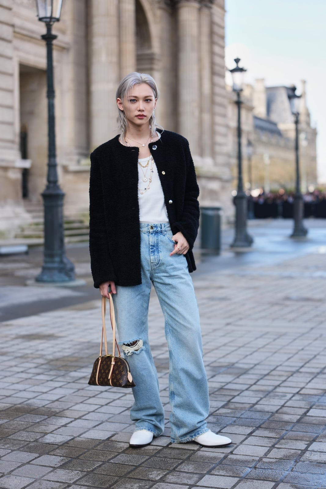 Cropped Textured Jacket with Wide Leg Ripped Jeans — Classy Ripped Jeans Outfits