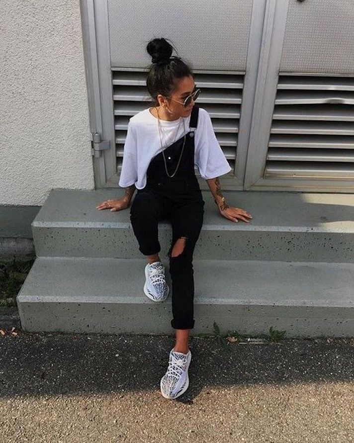 Ripped Knee Overalls Over T-Shirt with Patterned Sneakers — Classy Ripped Jeans Outfits