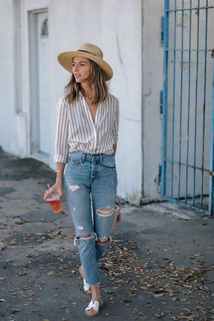 Striped Button-Down and Straw Fedora with Straight Leg Ripped Jeans — Classy Ripped Jeans Outfits