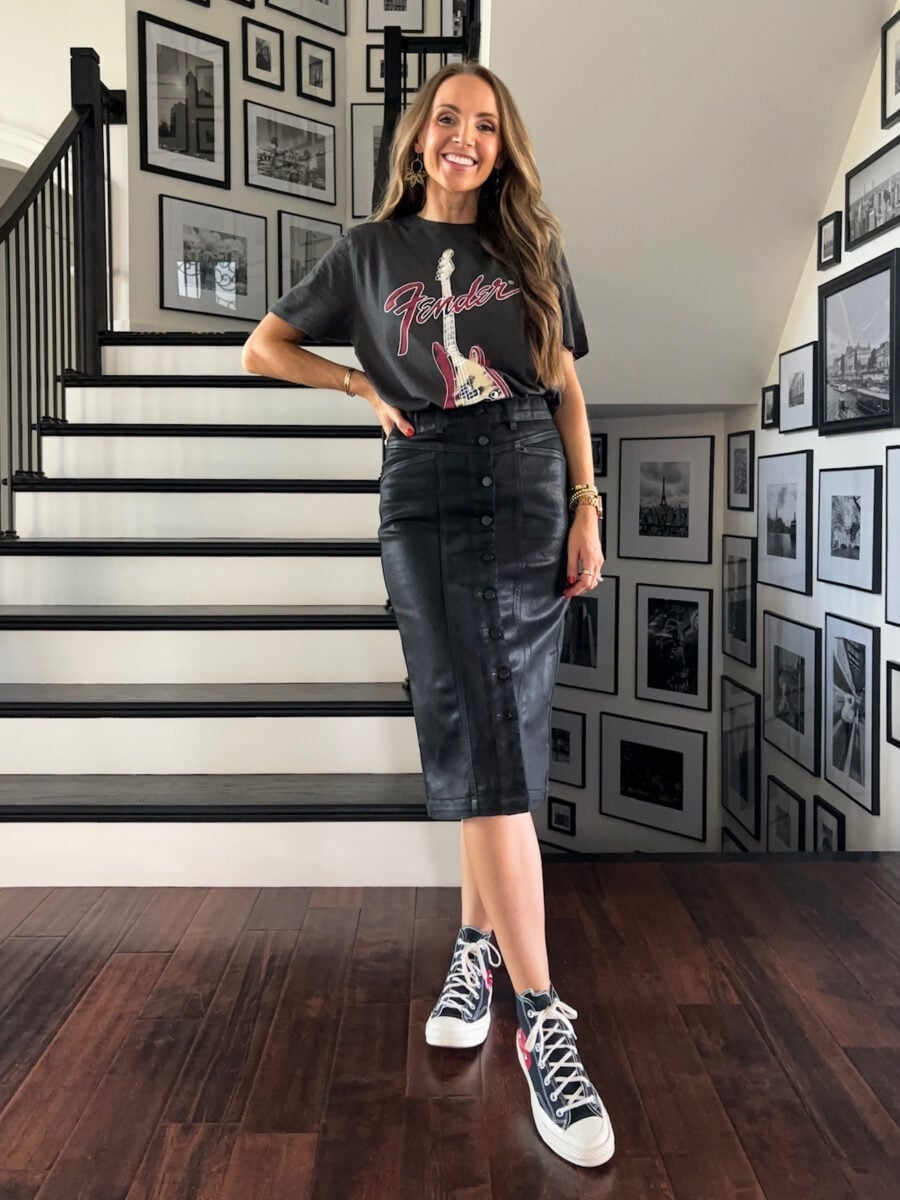Charcoal Band T-Shirt with Faux Leather Pencil Skirt and Hoop Earrings — Classy Rock Concert Outfits