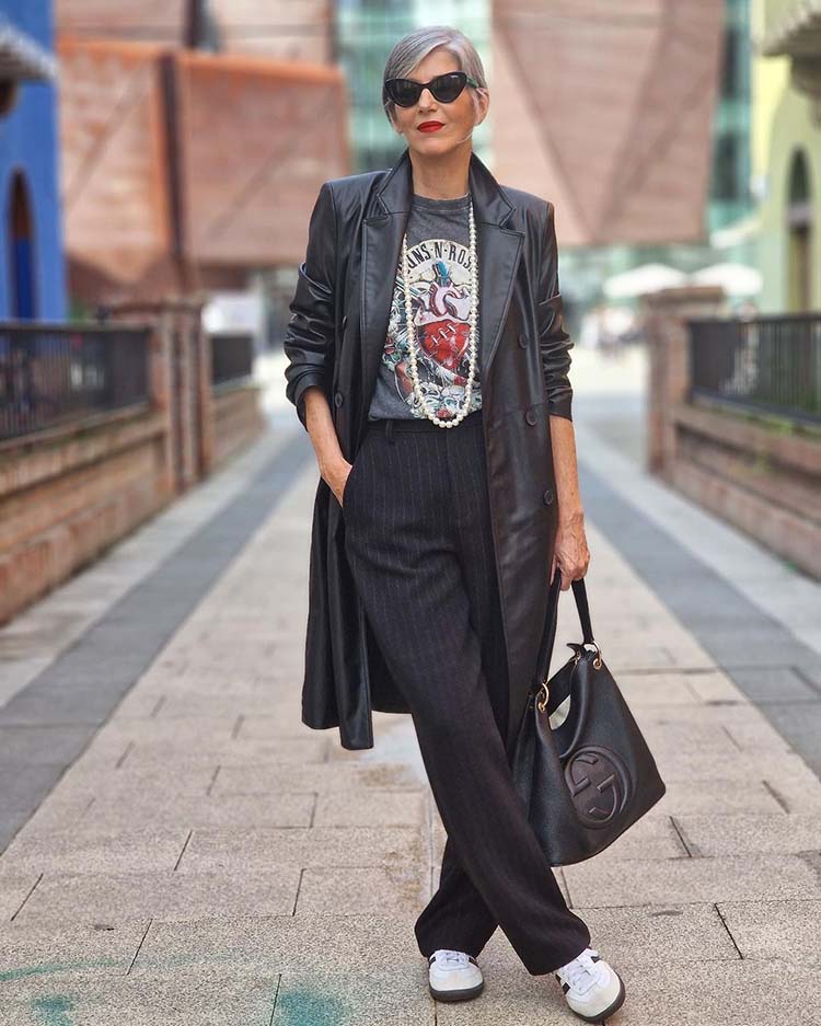 Grey Band T-Shirt with Faux Leather Midi Skirt — Classy Rock Concert Outfits