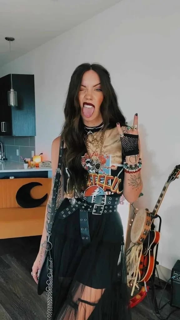 Cropped Band T-Shirt Over Mesh Top with Belted Skirt — Classy Rock Concert Outfits