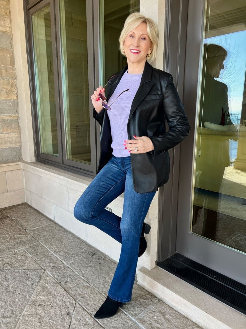 Black Faux Leather Blazer Over Ribbed Sweater and Flared Jeans — Classy Rock Concert Outfits