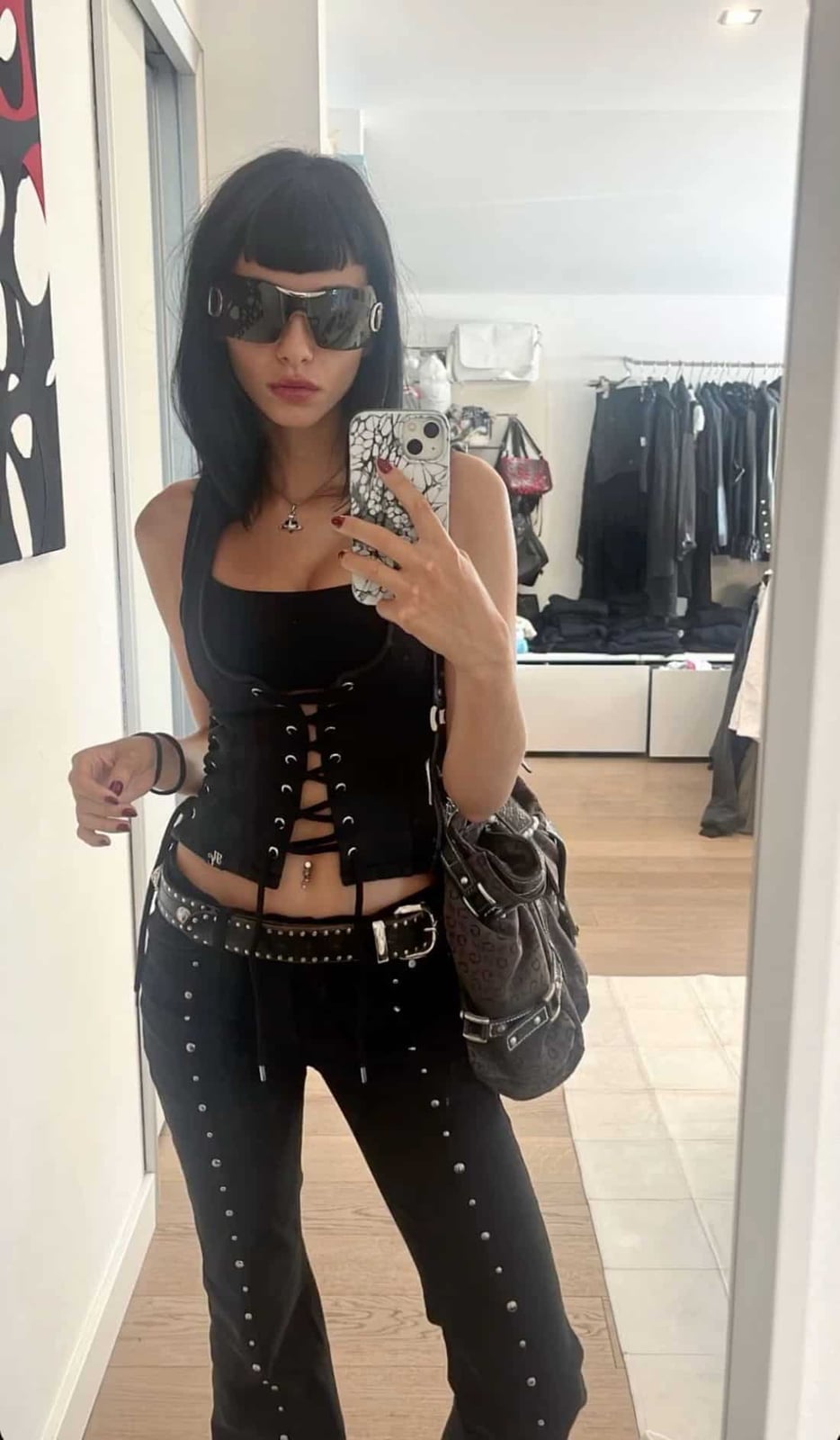 Studded Corset Top with Studded Low-Rise Pants — Classy Rock Concert Outfits