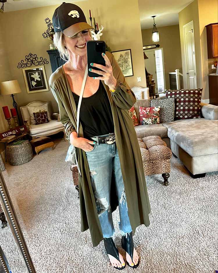 Olive Duster Cardigan Over Tank Top and Distressed Jeans — Classy Rock Concert Outfits