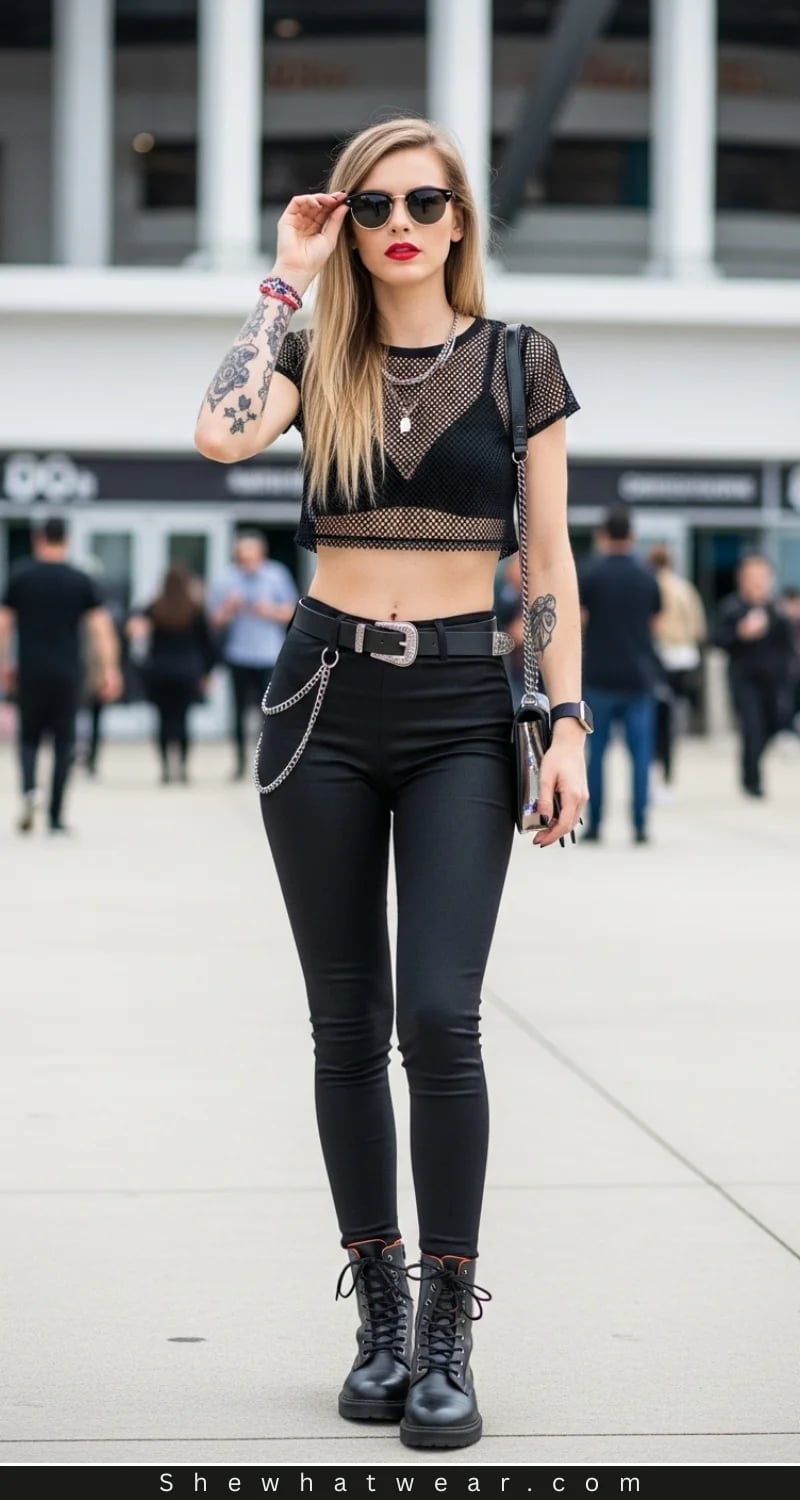 Black Mesh Top with Skinny Pants and Combat Boots — Classy Rock Concert Outfits