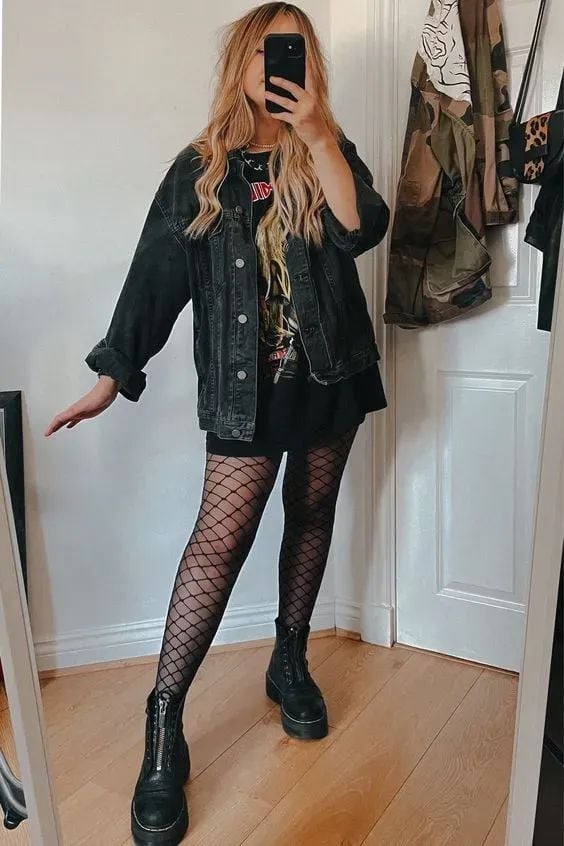Black Denim Jacket with Band T-Shirt and Fishnet Tights — Classy Rock Concert Outfits
