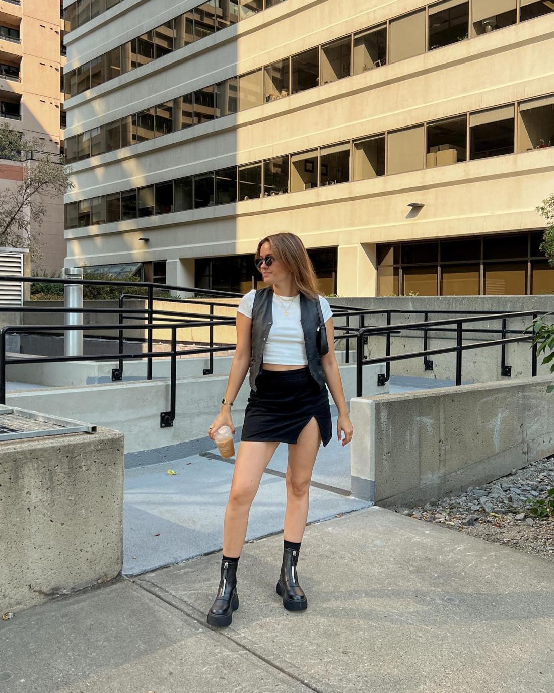 White T-Shirt, Leather Vest, and Mini Skirt — Classy Rock Concert Outfits