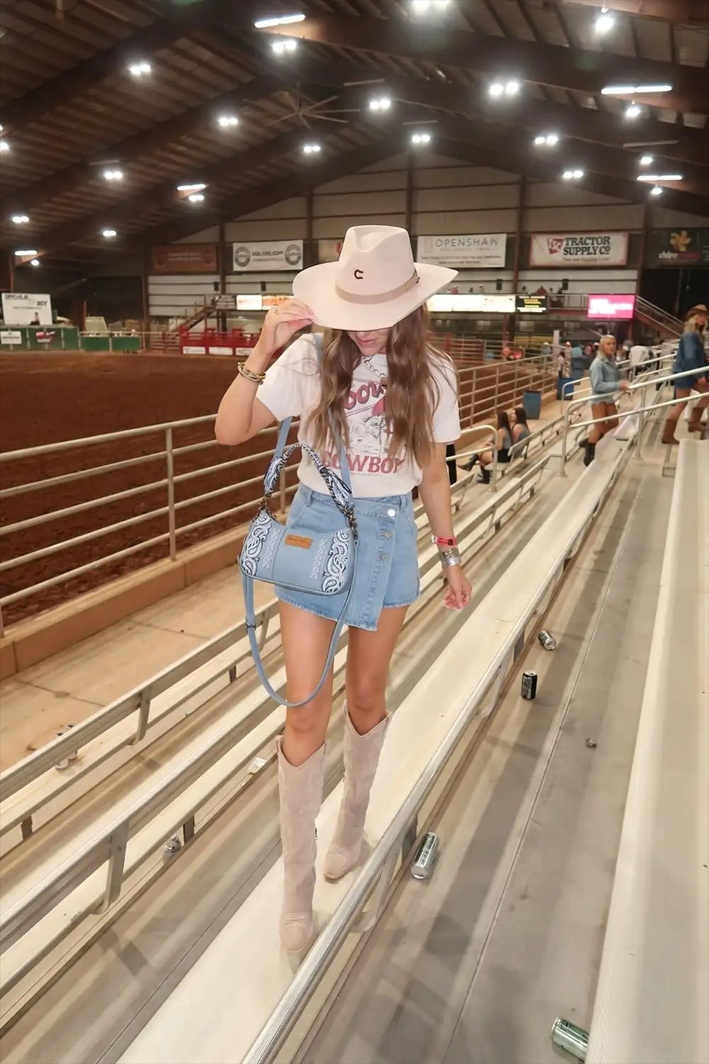 Graphic Tee And Denim Mini Skirt With Handbag — Classy Rodeo Outfits for Women
