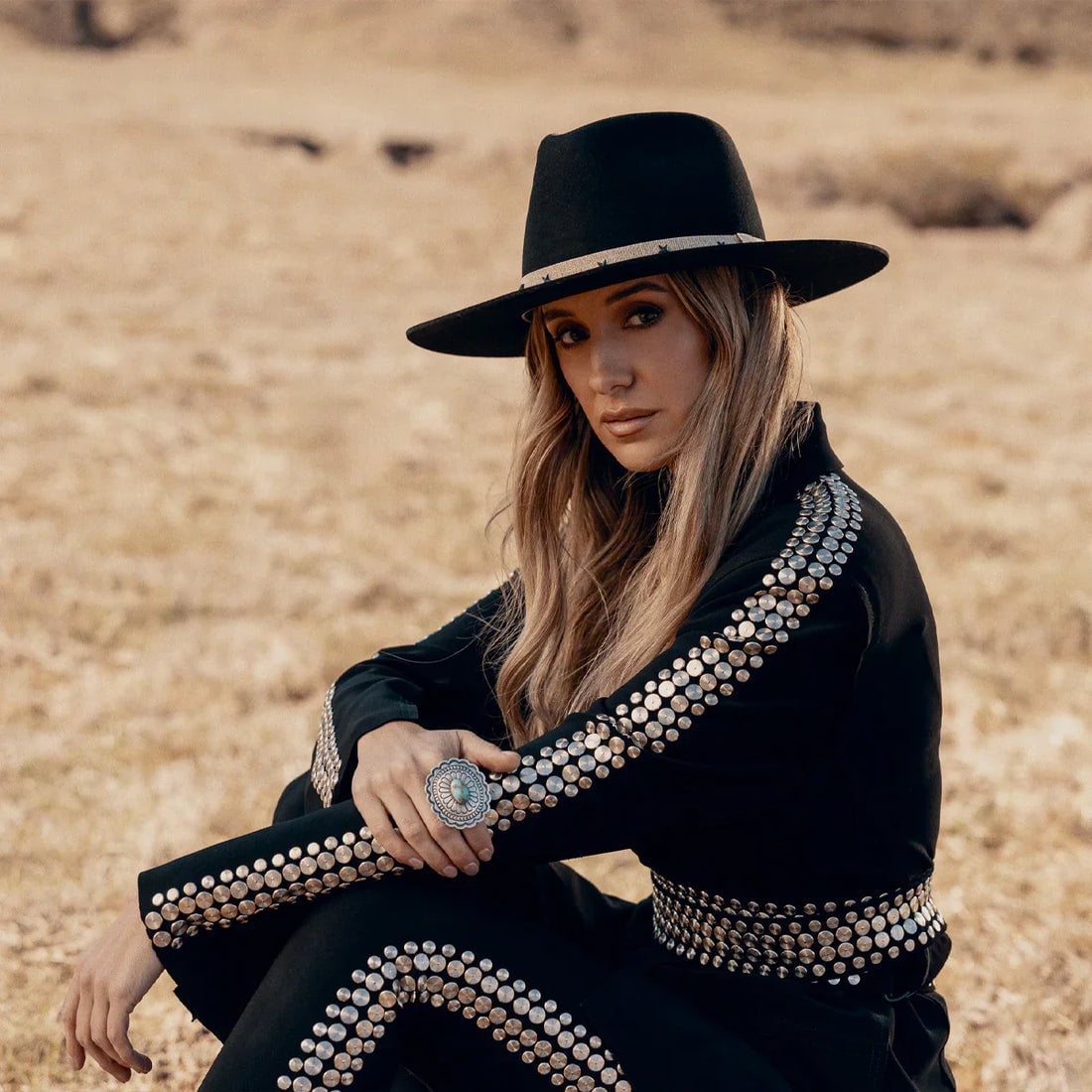 Studded Long-Sleeved Top With Western Belt — Classy Rodeo Outfits for Women