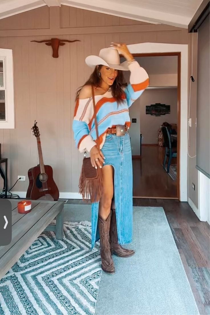 Striped Off-Shoulder Sweater With Denim Maxi Skirt — Classy Rodeo Outfits for Women