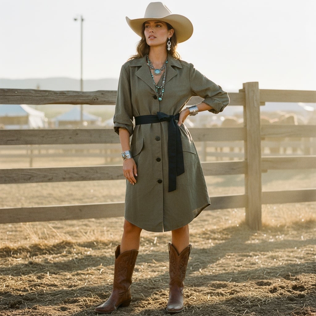 Olive Green Shirt Dress With Western Accessories and Linen-Like Fabric — Classy Rodeo Outfits for Women