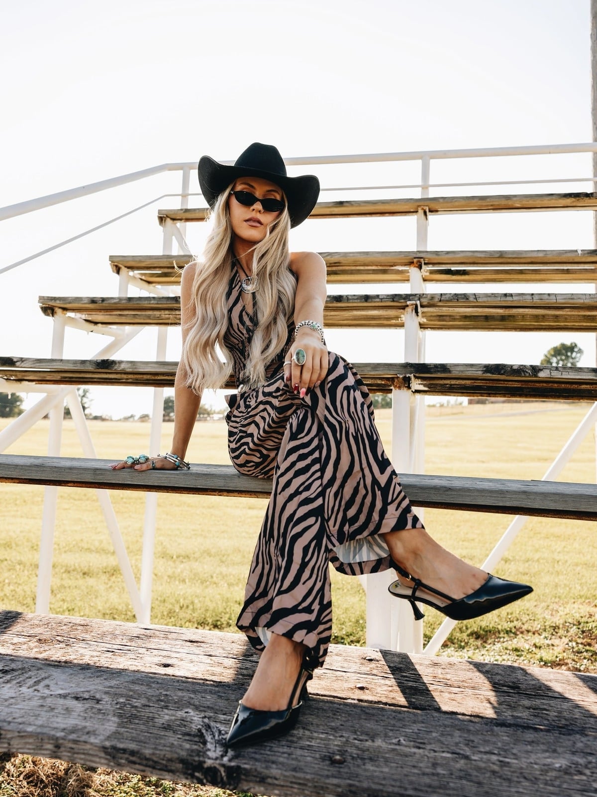 Zebra Print Jumpsuit With Cowboy Hat — Classy Rodeo Outfits for Women