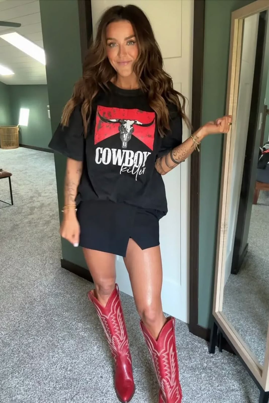Graphic Tee With Mini Skirt And Red Boots — Classy Rodeo Outfits for Women