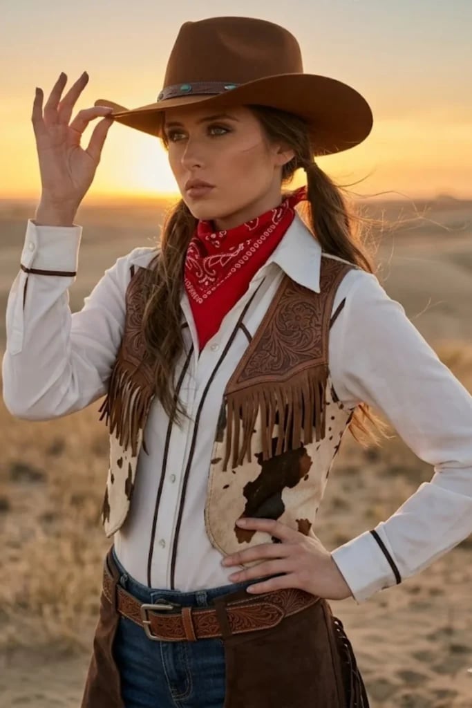 White Button-Down With Fringe Leather Vest, Close-Up Take — Classy Rodeo Outfits for Women