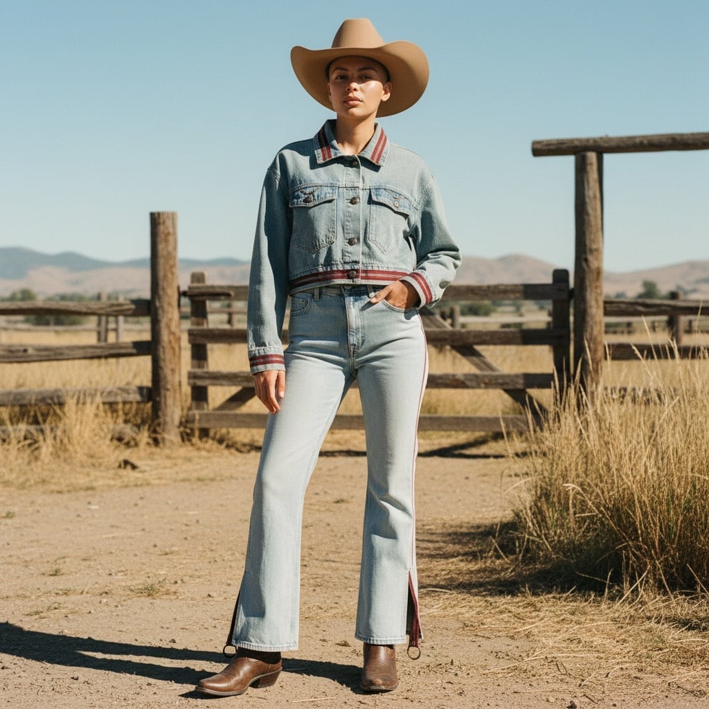 Striped Trim Denim Jacket With Matching Jeans — Classy Rodeo Outfits for Women
