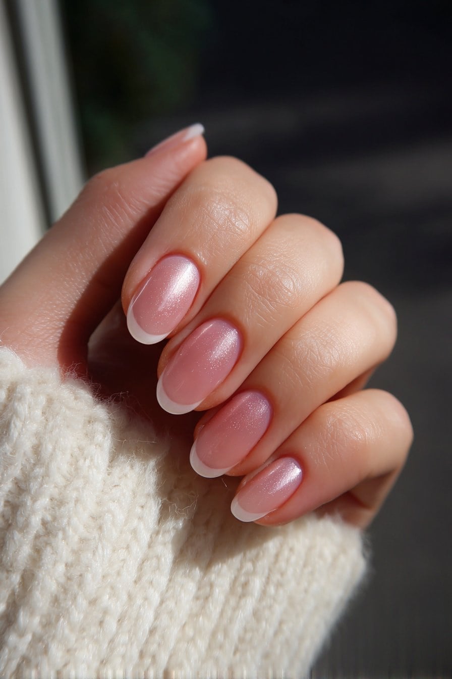 Medium Oval With Shimmer Pink And White French Medium Oval With Shimmer Pink And White French — Classy Rose Gold Nails