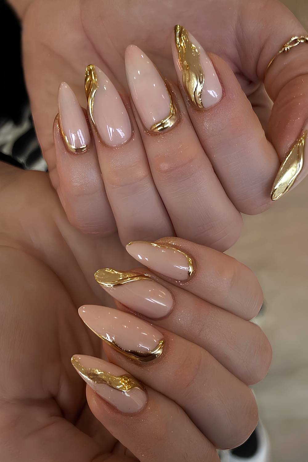 Nude With Sculpted Gold Design At Cuticle Nude With Sculpted Gold Design At Cuticle — Classy Rose Gold Nails