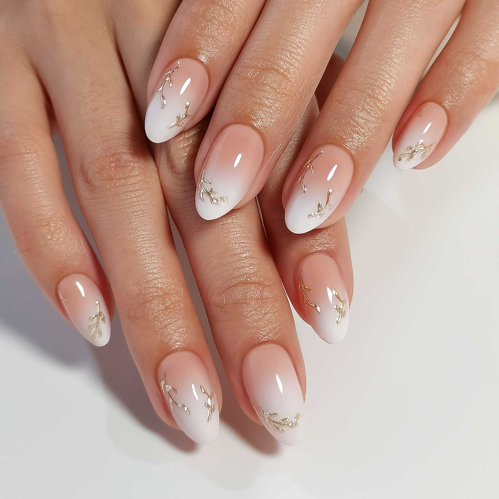 Nude To White Ombre With Gold Foil Leaf Nude To White Ombre With Gold Foil Leaf — Classy Rose Gold Nails