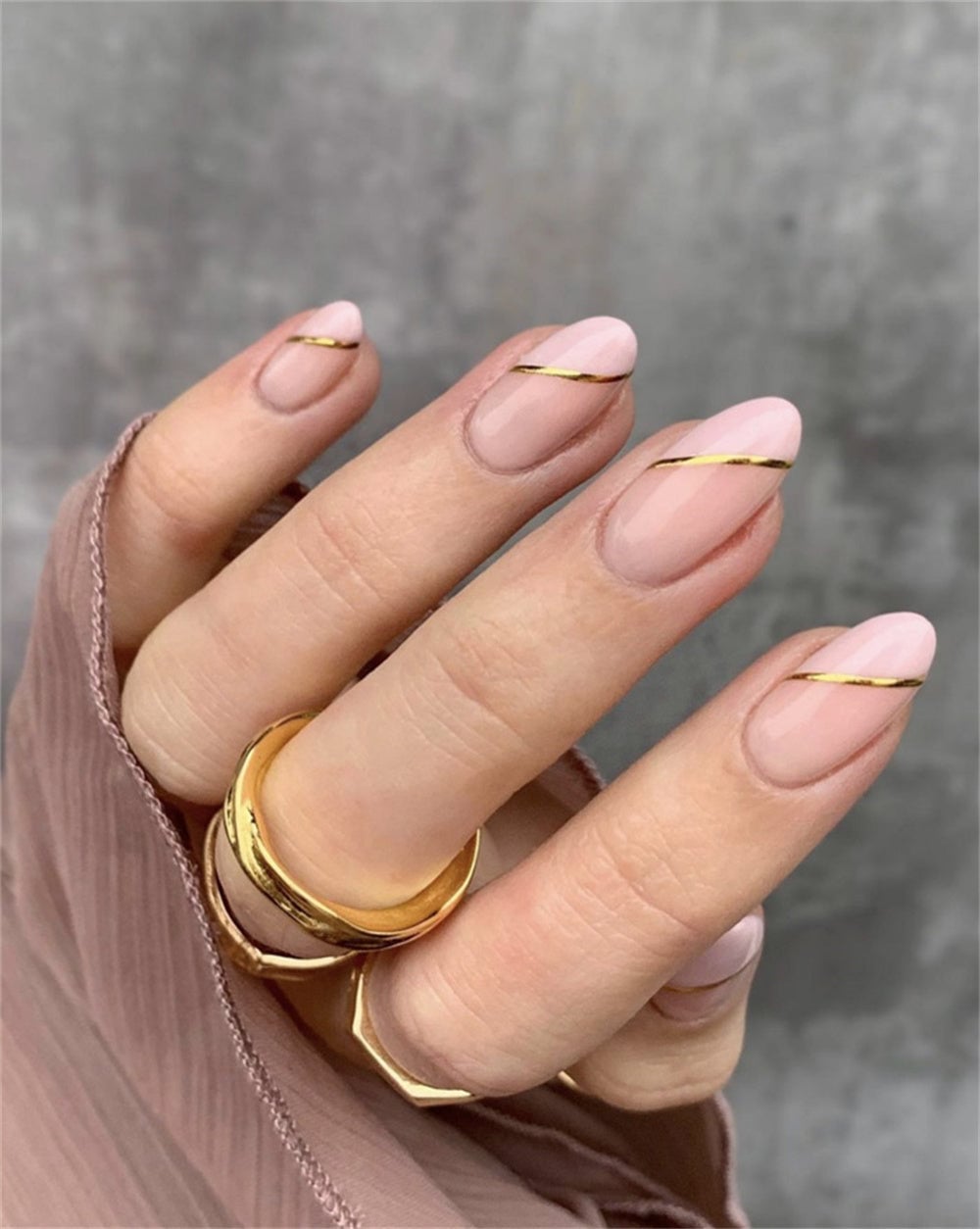 Milky Nude With Fine Gold Line French Almond Milky Nude With Fine Gold Line French Almond — Classy Rose Gold Nails