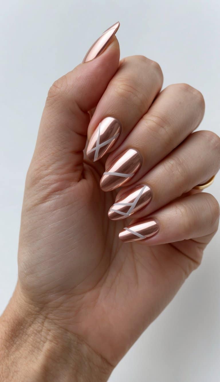 Almond Rose Gold Chrome With White Geometric Lines Almond Rose Gold Chrome With White Geometric Lines — Classy Rose Gold Nails